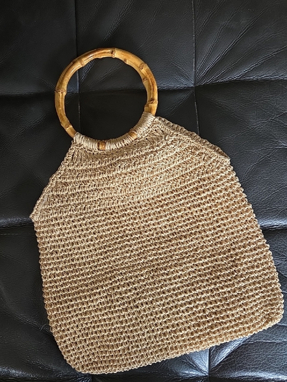 Faded Glory Natural Beige Woven Tote with Bamboo Handles